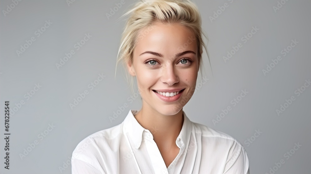 Portrait of a young woman looking into the camera, pure natural cosmetics and facial skin. Business white shirt.