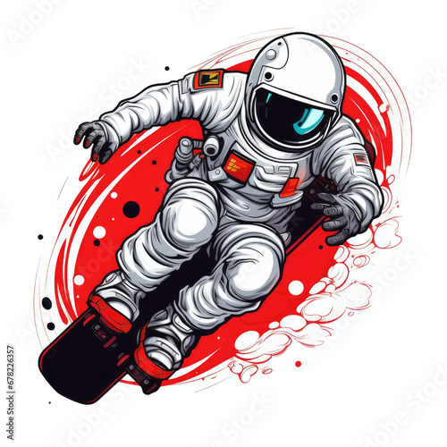Astronaut rides on skateboard through the space. jump on space, playing skateboard Vintage logo badge © peacehunter