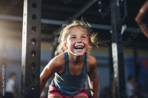 satisfied kid female doing crossfit in a box