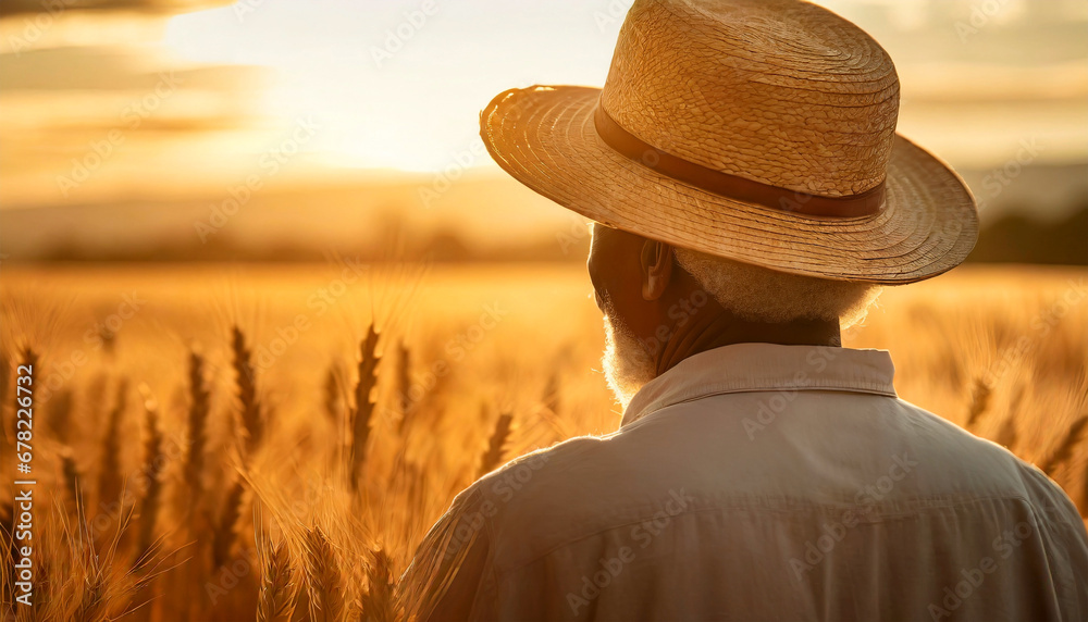 An old farmer (black man of African ethnicity), wearing a straw hat, seen from behind, observes with satisfaction a golden wheat field at dawn or dusk.
