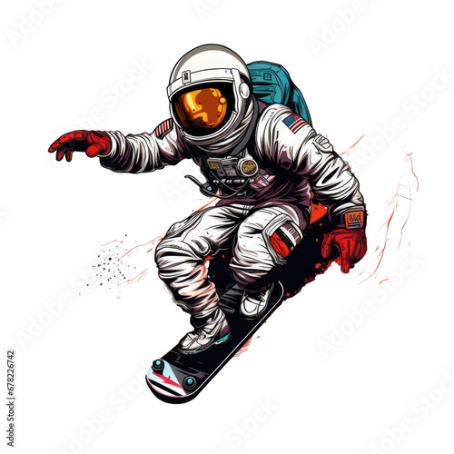 Astronaut rides on skateboard through the space. jump on space, playing skateboard Vintage logo badge © peacehunter