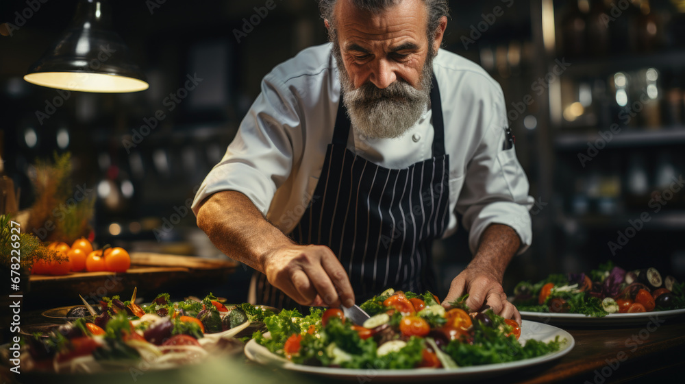 Culinary expert putting fresh chopped herbs in pan while cooking gourmet dish for dinner service at fine dining restaurant. Head chef preparing organic meal in professional kitchen.