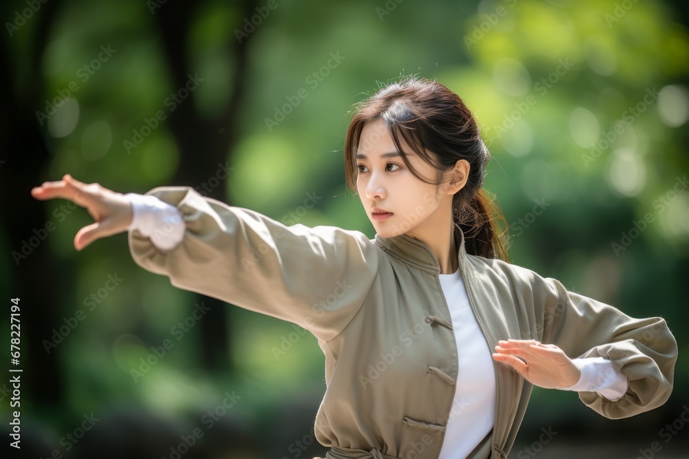 concentrated girl in her 30s doing tai chi in a park concentrated girl in her 30s doing tai chi in a park