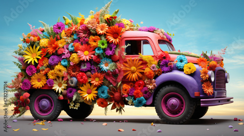 A colorful truck with flowers