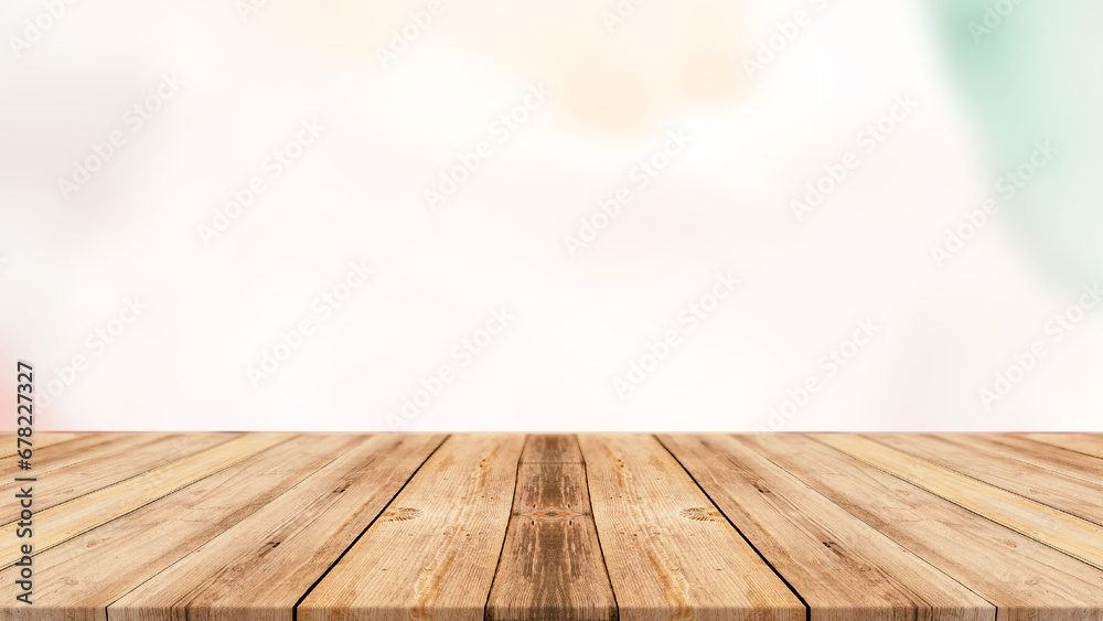 White old wood floor with blurred brown sepia tone background. Wooden planks stage texture and blur flare sunlight. - obrazy, fototapety, plakaty 