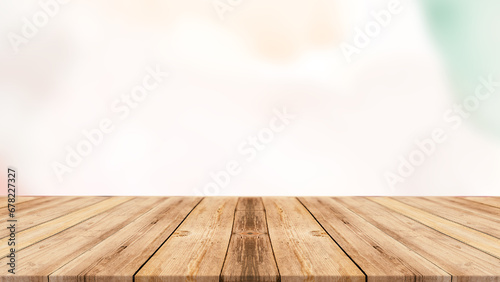 White old wood floor with blurred brown sepia tone background. Wooden planks stage texture and blur flare sunlight. photo