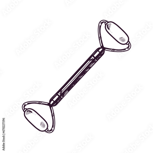 Hand-drawn jade gouache massage scraper for face and neck massage. Lifting for healthy and youthful skin. Trending skin care. Doodle sketch style.
