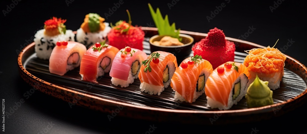delicious sushi, Asian cuisine dish, sushi on a black background, roll you net on a black background
