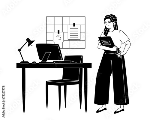 Female employee standing next to her workplace in the office, black and white illustration