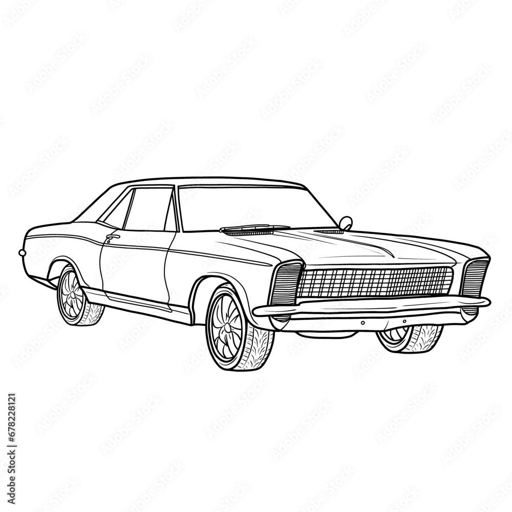 Vintage 1960s American muscle car silhouette vector illustration, sport car line art, Hand-Drawn Outline Design, Isolated on White Background