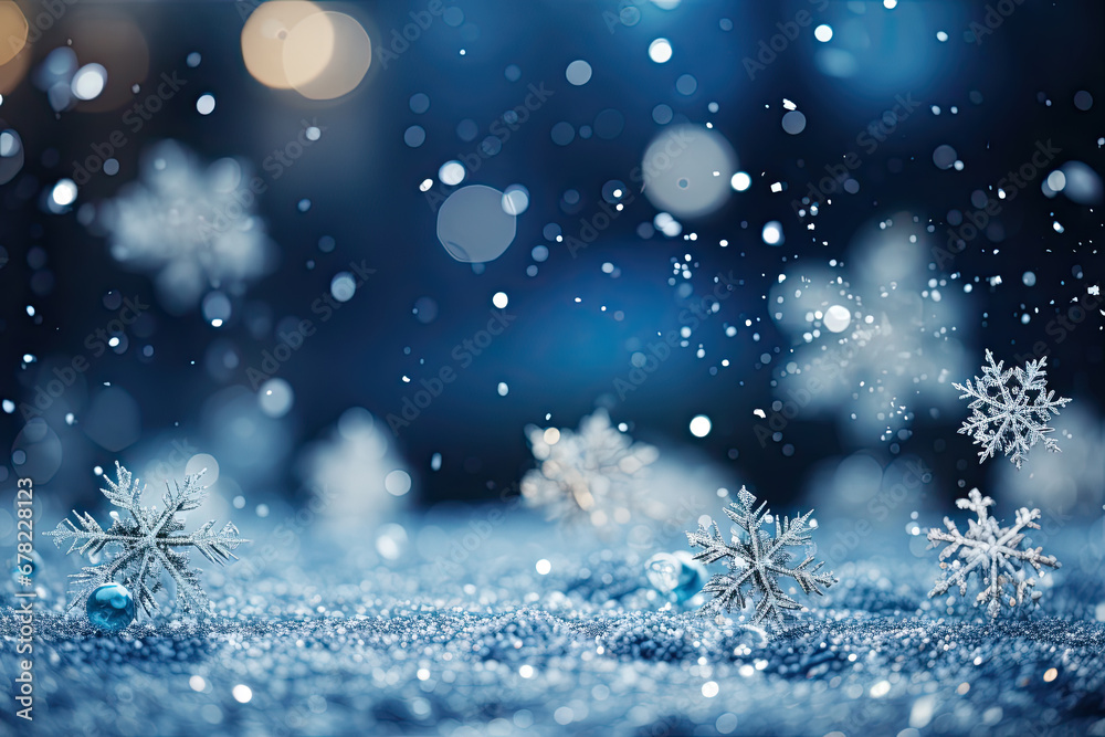 Obraz premium Winter blue banner with snowflakes and glitter sparkling lights on background