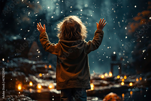 Fascinated boy in a warm jacket with his hands raised stands in the thicket of a mysterious winter forest, lights are burning everywhere