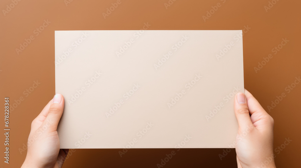 Hand hold a discount card, business card, mockup of a blank white sheet of paper on a tan background with copy space. Template for design. layout. copy space for text. Hand hold a discount card, business card, mockup of a blank white sheet of paper on a tan background with copy space. Template for design. layout. copy space for text.