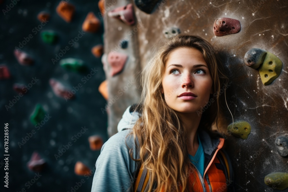 determined girl in her 20s climbing in a climbing wall determined girl in her 20s climbing in a climbing wall