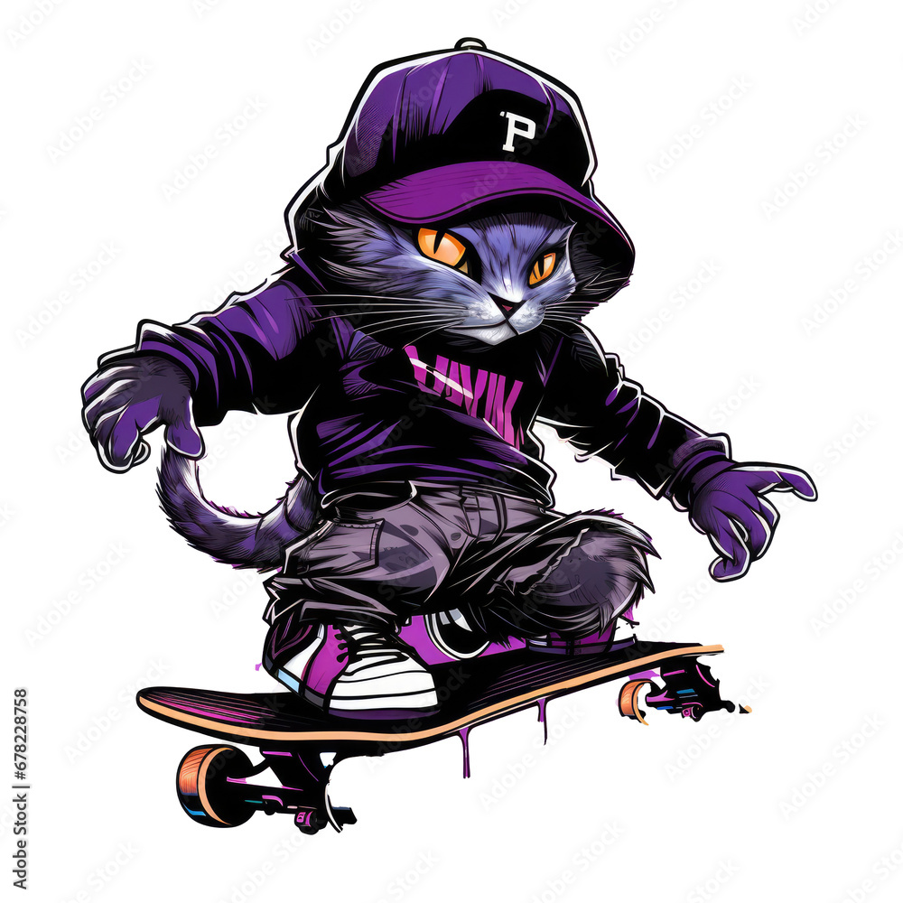 Hip hop Cat rides on skateboard. street style, cat playing skateboard Vintage logo badge Hip hop Cat rides on skateboard. street style, cat playing skateboard Vintage logo badge