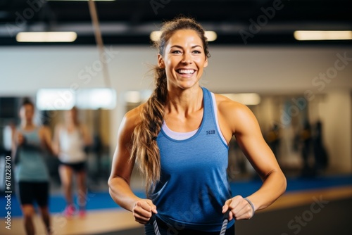 handsome girl in her 30s jumping rope in a gym photo