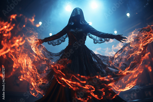 Generative ai collage of powerful dangerous evil witch lady doing fire spell photo