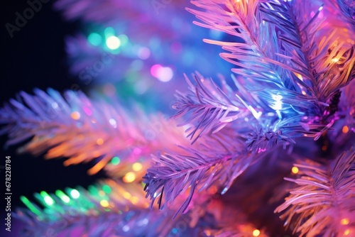 Festive artificial foliage with an iridescent glow from multicolored lights, close-up view photo