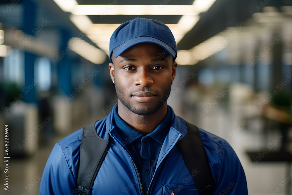 Generative AI image of black man mail carrier postman in the warehouse Generative AI image of black man mail carrier postman in the warehouse