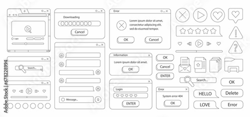 90s retro vaporwave old desktop user interface elements. Coloring book Cute nostalgic computer ui, vintage aesthetic icons and windows set. 90s interface digital, retro window computer. 