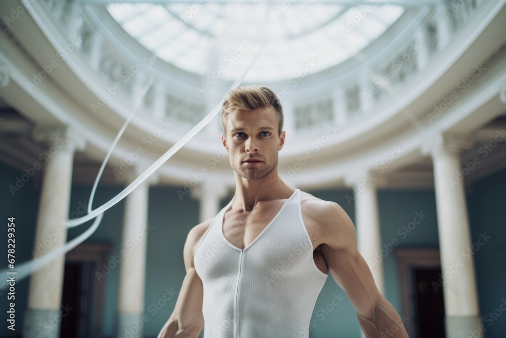 Close-up portrait photography of a handsome mature man doing rhythmic gymnastics in an empty room. With generative AI technology Close-up portrait photography of a handsome mature man doing rhythmic gymnastics in an empty room. With generative AI technology