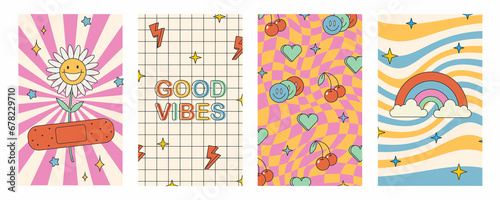 Groovy hippie 70s posters. Funny cartoon flower, rainbow, love, daisy etc. cards in trendy retro psychedelic cartoon style. colorful backgrounds. Flower power. Choose happy.