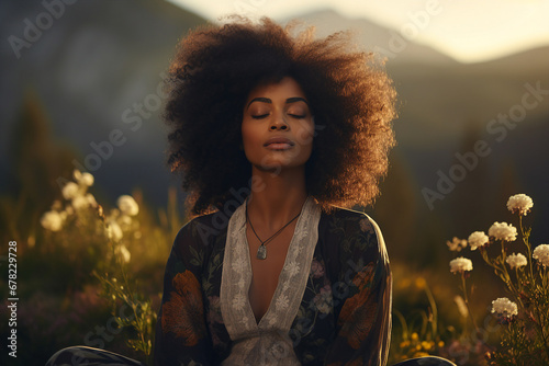 Mindfulness stress releasing concept young woman practicing meditation close with nature Generative AI portrait photo