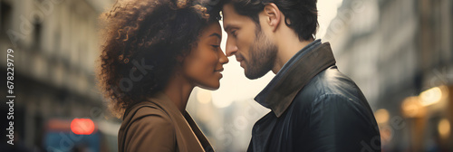 A young couple in profile face to face on the blurred background of a city, banner