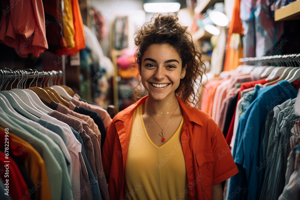 Generative AI picture Cheerful person shopaholic enjoy buying stuff clothes low prices store Generative AI picture Cheerful person shopaholic enjoy buying stuff clothes low prices store