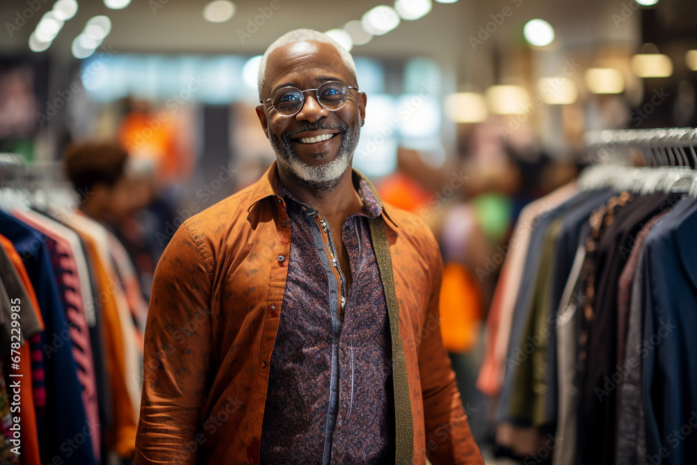 Generative AI picture Cheerful person shopaholic enjoy buying stuff clothes low prices store Generative AI picture Cheerful person shopaholic enjoy buying stuff clothes low prices store