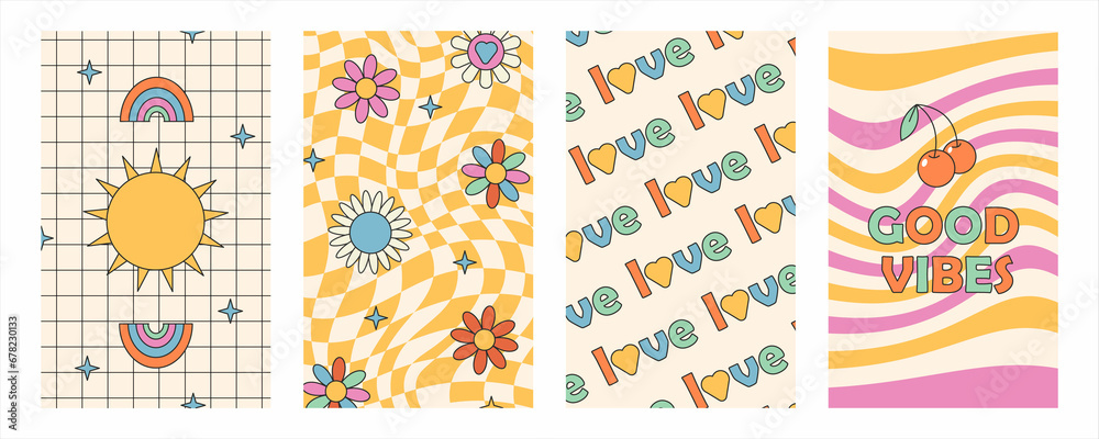 Groovy hippie 70s posters. Funny cartoon flower, rainbow, love, daisy etc. cards in trendy retro psychedelic cartoon style. colorful backgrounds. Flower power. Choose happy.