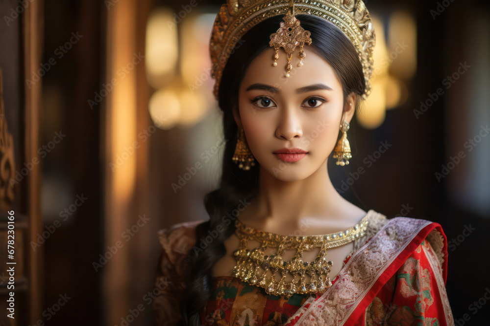 Thai Elegance, Asian Girl Showcasing Traditional Thai Dress Fashion