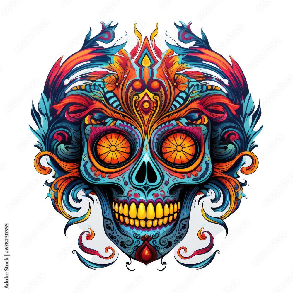 Naklejka premium Day of the Dead Skull Mask, Mexican skull head, Colorful skull head mandala arts.