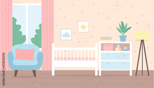 Baby room interior. Bedroom  with cot bed, furniture,  lamp and curtains on window. Vector illustration.