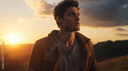 portrait of a young man watching the sunset from the top of a mountain