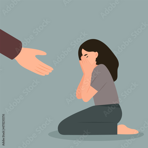 . A female crying and covering her face. Mental health disorder concept.Hand helps a woman to get rid of stress and depression. Vector illustration.
