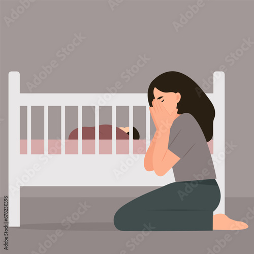 A female crying and covering her face. Mental health disorder concept.Hand helps a woman to get rid of stress and depression. Vector illustration.