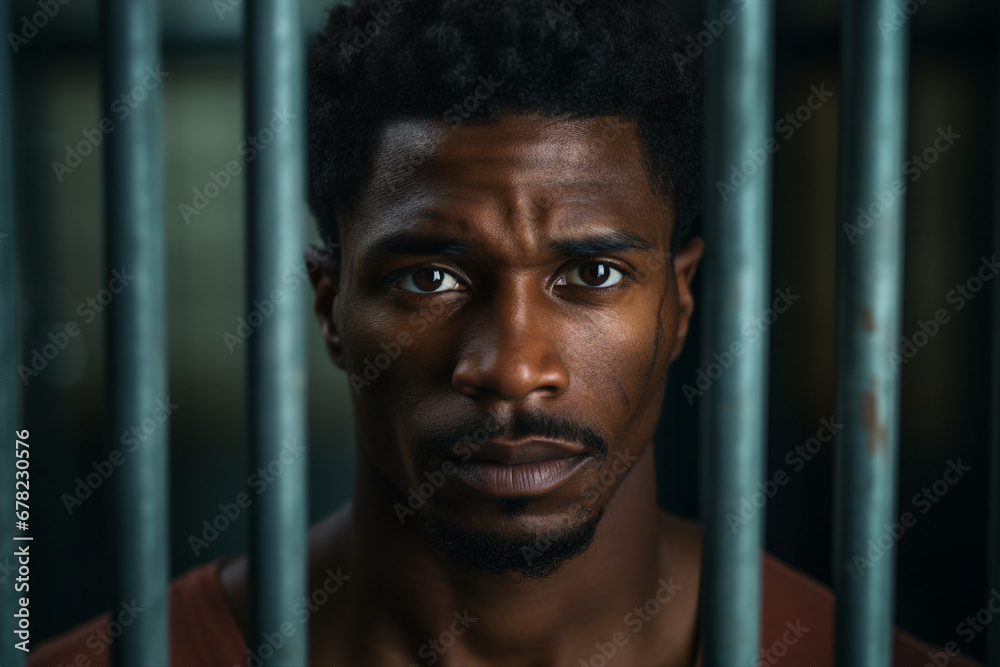 Guilty criminal person standing behind prison cage bars Generative AI creative illustration Guilty criminal person standing behind prison cage bars Generative AI creative illustration