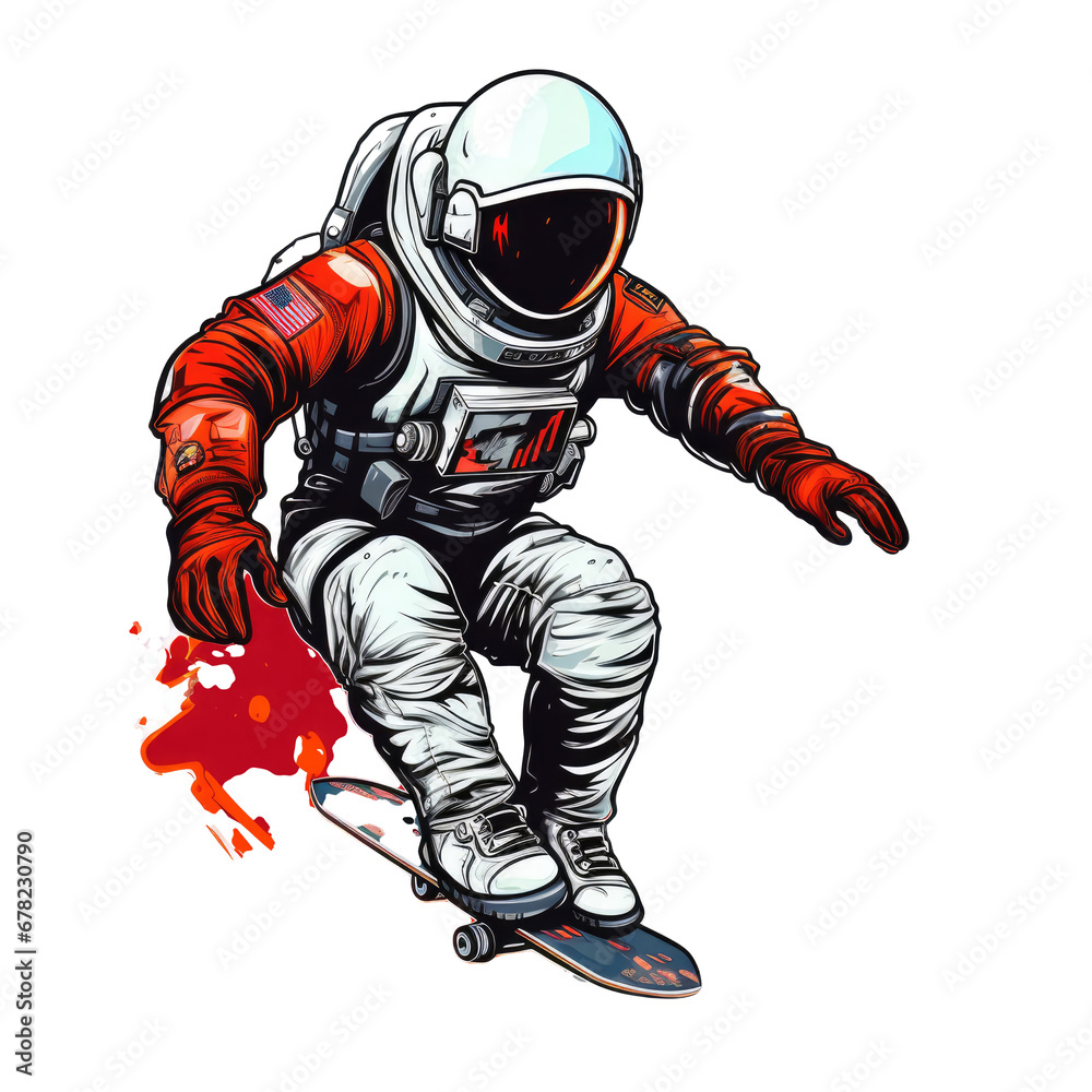 Astronaut rides on skateboard through the space. jump on space, playing skateboard Vintage logo badge