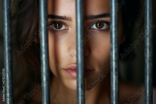Guilty criminal person standing behind prison cage bars Generative AI creative illustration