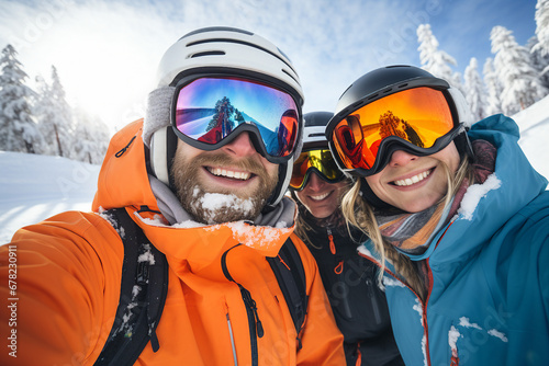 Big youth company at mountain resort making selfies snowboarding Generative AI portrait