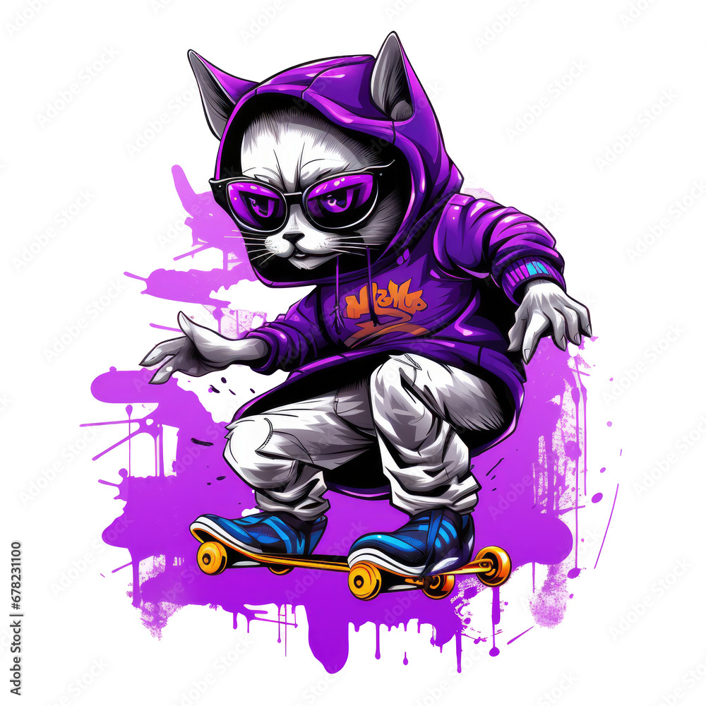 Hip hop Cat rides on skateboard. street style, cat playing skateboard Vintage logo badge Hip hop Cat rides on skateboard. street style, cat playing skateboard Vintage logo badge
