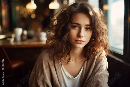 Generative AI portrait of confident city citizen person enjoying weekend time drinking coffee in modern cafe