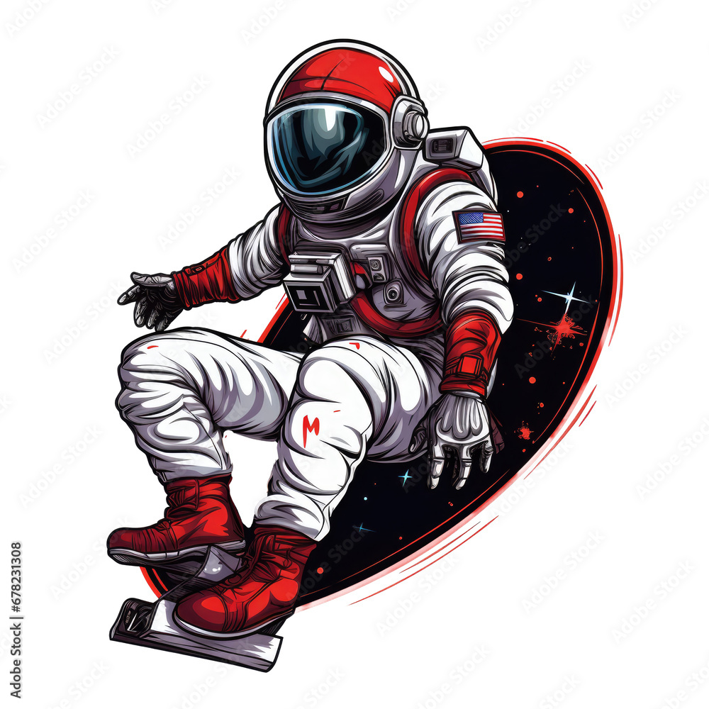 Astronaut rides on skateboard through the space. jump on space, playing skateboard Vintage logo badge