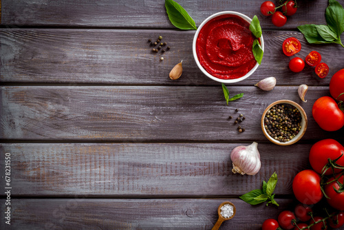 Italian tomato sauce for pasta - passata with tomatoes and basil