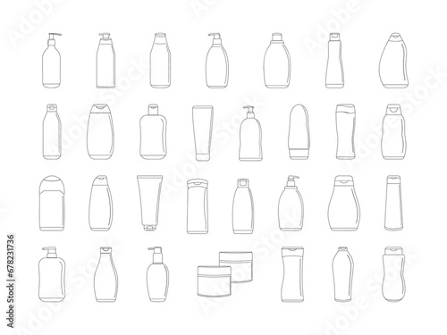 Lotion Container Packaging Line Art. Product Container Packaging Collection Vector Illustration on White Background.