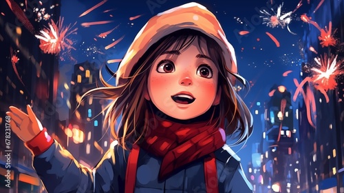 Beautiful girl on the background of fireworks in the night city. Fantasy concept , Illustration painting.