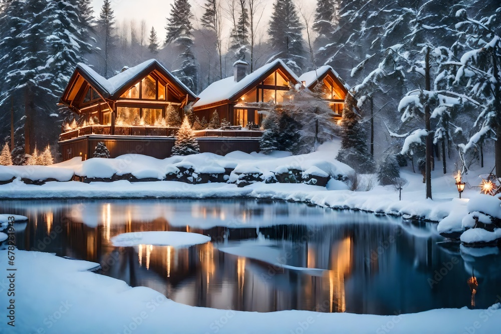 Embrace Winter Calm: Festive décor set against a backdrop of snow-covered trees that accentuate the picturesque pond in a tranquil setting. 