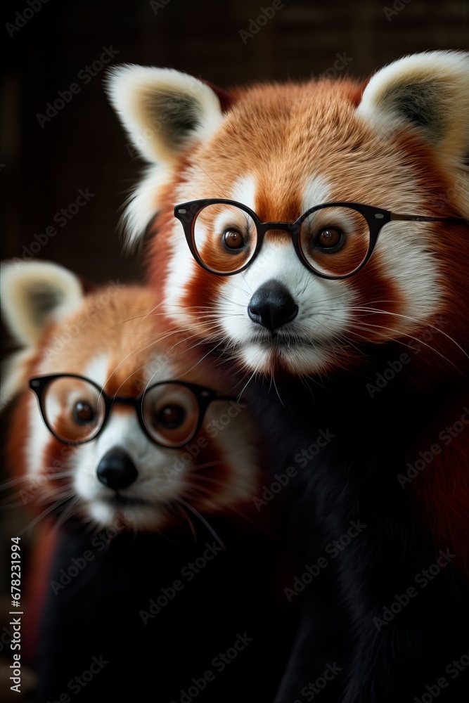 two Chinese red pandas wearing eyeglasses closeup. Back to school and education concept. Smart cat