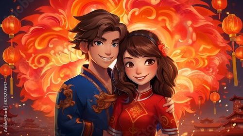 Beautiful cartoon guy and girl in kimono hug and celebrate Chinese New Year. Fantasy concept , Illustration painting.